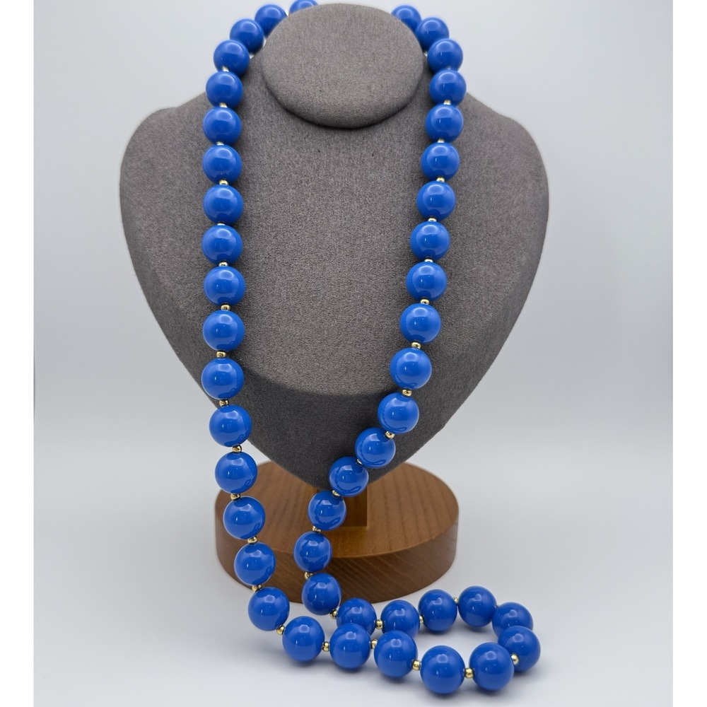 Vintage Cobalt Blue Bead Necklace Gold Tone Spacers Mid Century Statement 24"